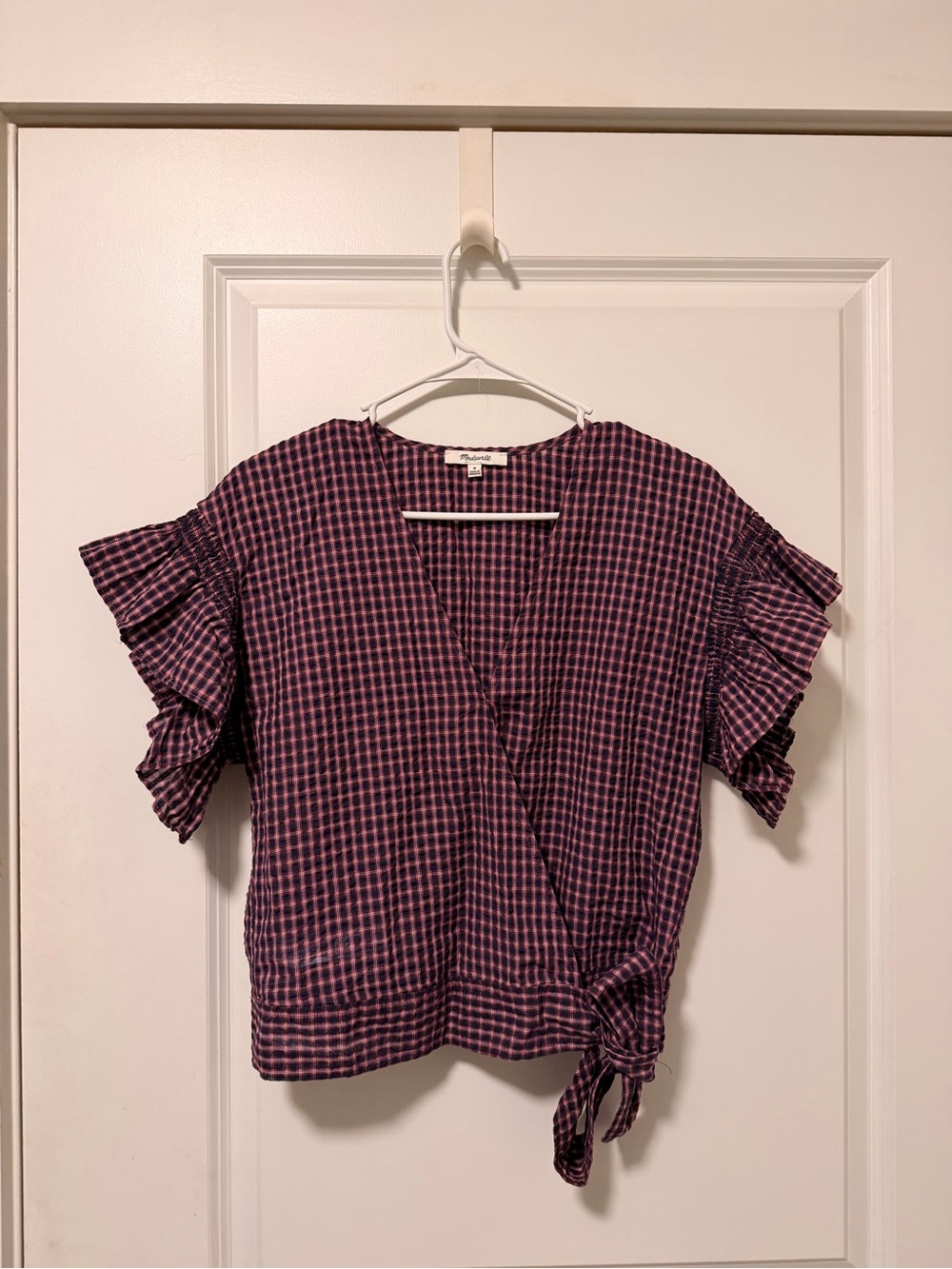 Madewell Plaid Wrap Top with Ruffle Sleeves